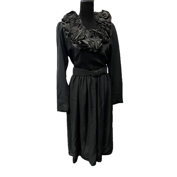 STUNNING Vintage Morton Myles Black Ruffle Neckline Belted Dress Size 12 - Picture 1 of 16